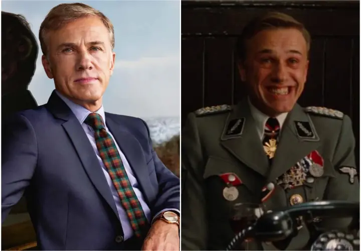 Christoph Waltz, prima in abito elegante, poi in uniforme da ufficiale nazista, un volto che ricorda la landa bastardi senza gloria.