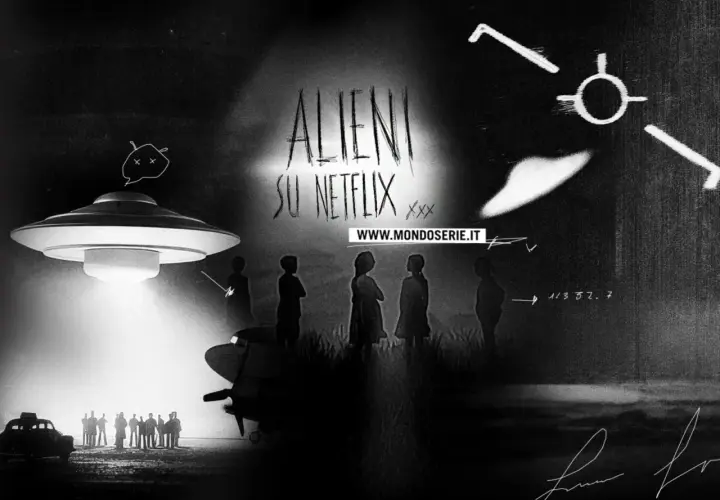 Alieni su Netflix: un'astronave proietta un fascio di luce su un gruppo di persone. La serie "i morti non muoiono" esplora il mistero.