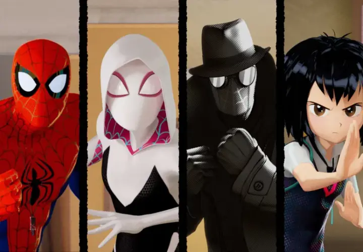 Miles Morales e altri Spider-Man nel film 1, pronti all'azione.