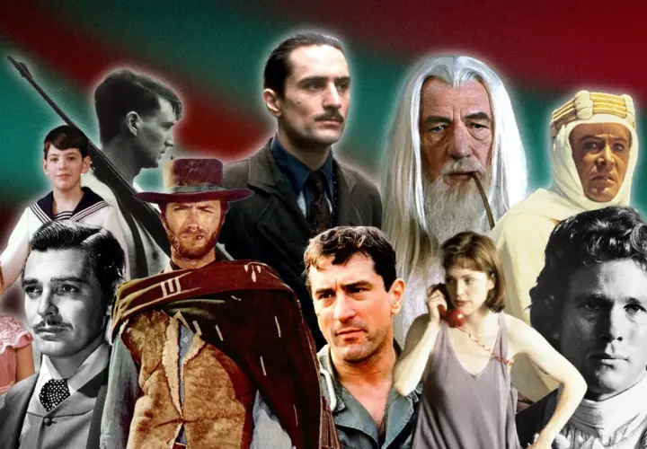 Un collage di volti iconici del cinema, da Clint Eastwood a Robert De Niro, che evocano ricordi di film belli e indimenticabili.