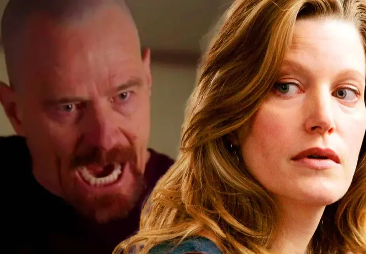Skyler White spaventata da Walter White in una scena tesa di Breaking Bad.