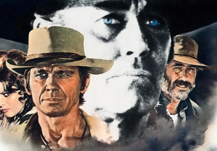 Volti iconici del West: un uomo con cappello, una donna misteriosa e un vecchio barbuto. La colonna sonora di "C'era una volta il West" evoca storie di giustizia e vendetta.