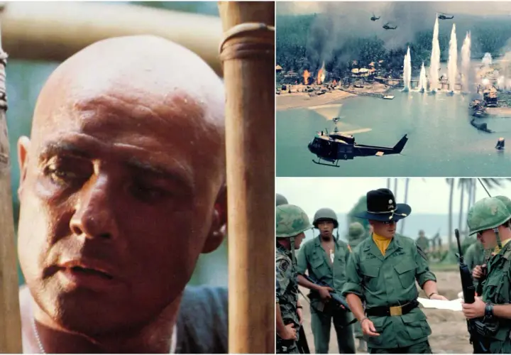Il volto di Kurtz, elicotteri in azione e soldati in Vietnam. L'apocalypse now significato è la follia della guerra.