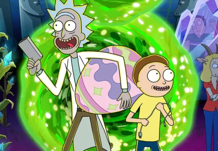 Rick e Morty, con un portale verde brillante, un uovo colorato e una capra. Le recensioni di Rick and Morty sono sempre folli!