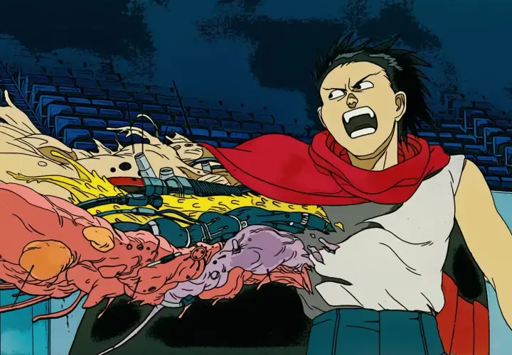 Akira, con un mantello rosso, urla mentre una massa organica mutante esplode dal suo petto.
