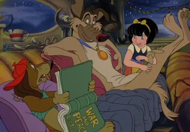 Un cane legge "Guerra e Pace" a una bambina e un altro cane, una scena da un film di Don Bluth.