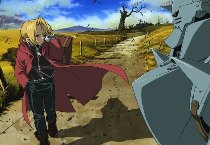 Edward e Alphonse Elric, protagonisti di Fullmetal Alchemist Brotherhood, affrontano un paesaggio desolato. La loro ricerca per recuperare i corpi perduti è al centro della trama.