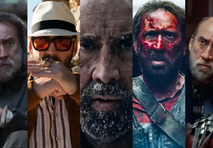 Cinque volti di Nicolas Cage oggi, in diverse espressioni e look: da quello trasandato a quello elegante, passando per scene di azione e drammatiche.