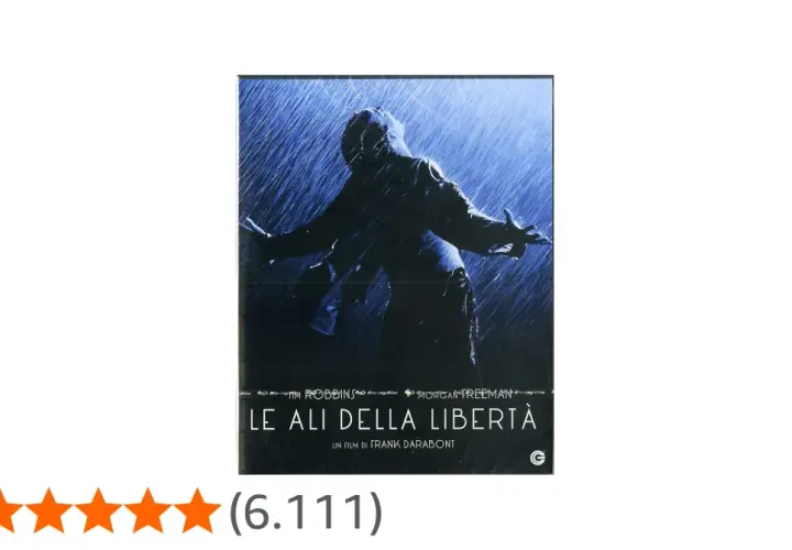 La copertina del film "Le ali della libertà" mostra un uomo sotto la pioggia, con le braccia aperte, simbolo di speranza e redenzione.