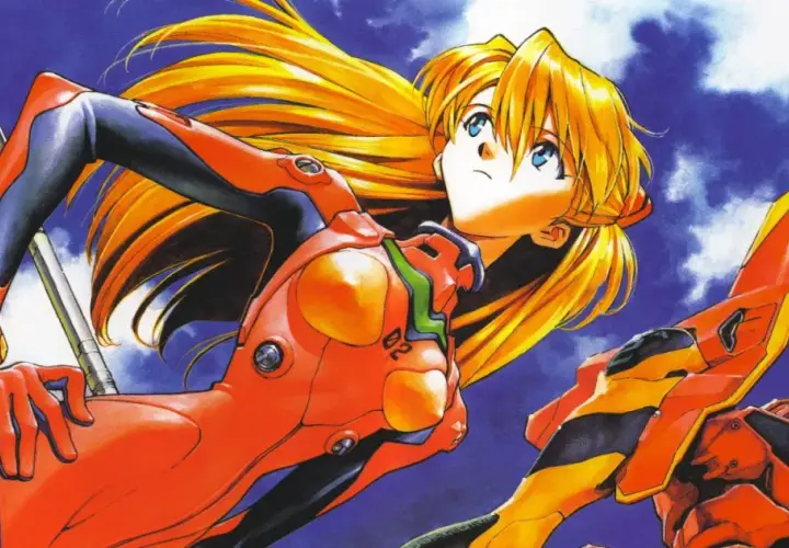 Asuka Langley Soryu in tuta Evangelion, con i suoi capelli biondi al vento, pronta a combattere.