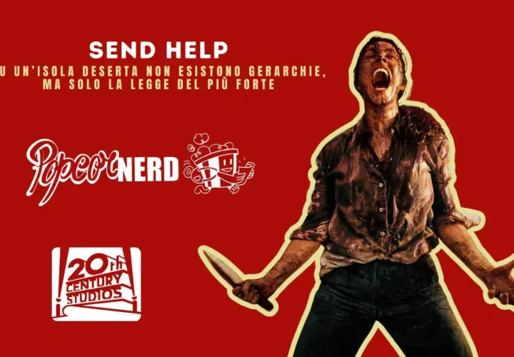 Un uomo urlante con un coltello, ispirato ai monologhi film famosi, su sfondo rosso con loghi Popcorn Nerd e 20th Century Studios.