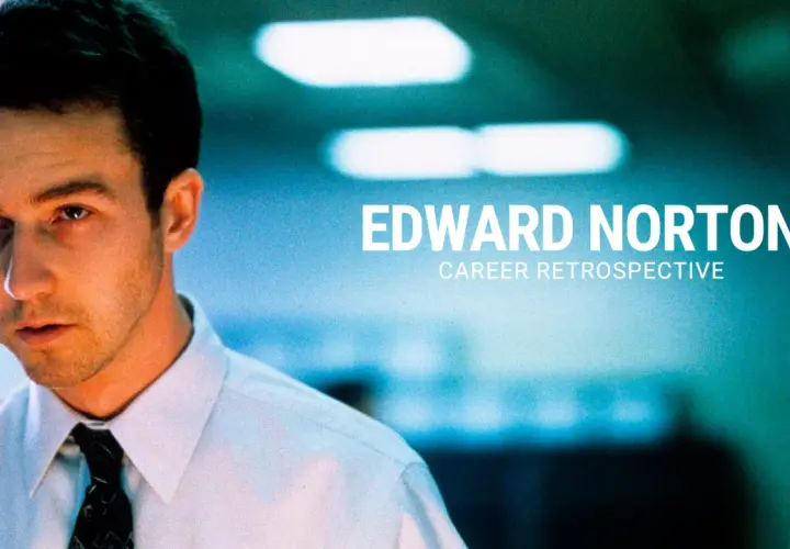 Edward Norton giovane in camicia bianca e cravatta, con testo "Edward Norton Career Retrospective".