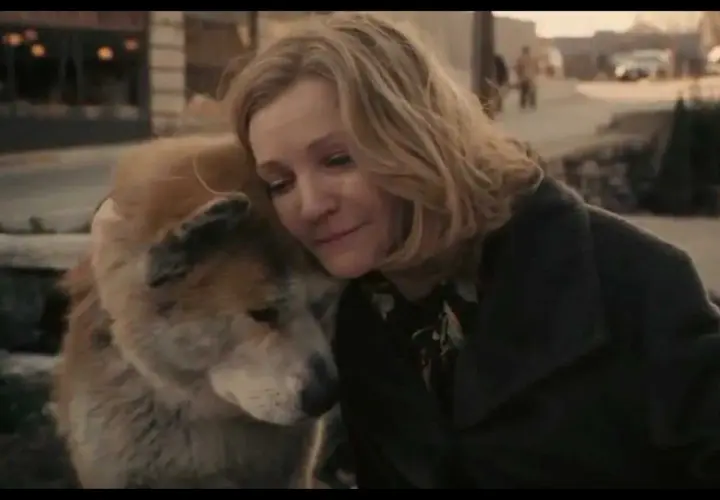 Una donna abbraccia teneramente il suo cane Akita. Una scena commovente che ricorda "Hachiko - il tuo migliore amico", un film che celebra il legame indissolubile tra uomo e animale.