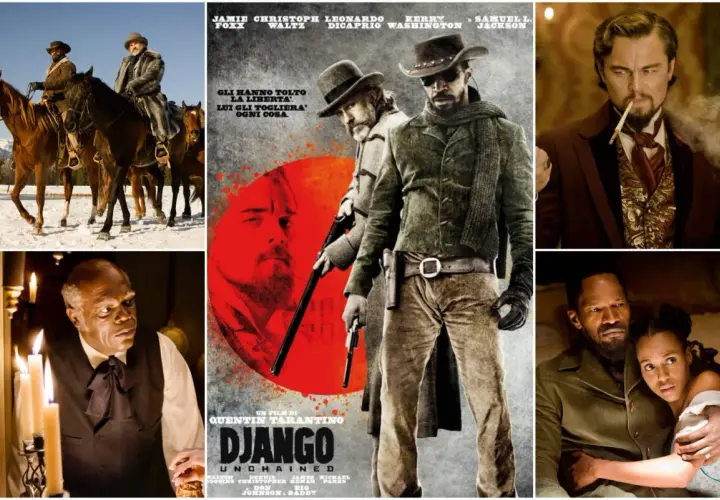 Il cast di Django Unchained: Jamie Foxx, Christoph Waltz, Leonardo DiCaprio, Kerry Washington e Samuel L. Jackson in scene iconiche.