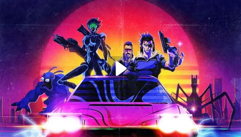 Captain Laserhawk e la sua squadra, un mostro blu e una donna cibernetica, pronti all'azione su un'auto rosa neon, con uno sfondo al tramonto e una città futuristica.