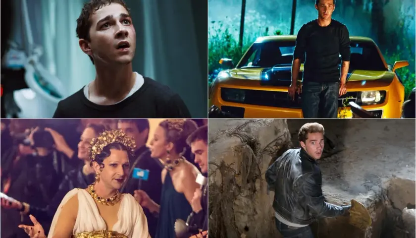 Scena da film di Shia LaBeouf: un giovane con un'espressione preoccupata, accanto a un'auto gialla, vestito da donna in una festa e mentre scava.