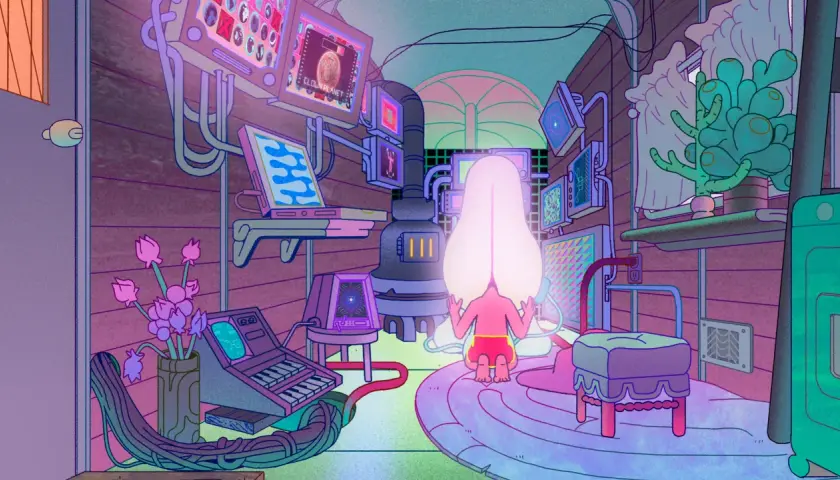 Un personaggio con una testa luminosa medita in una stanza piena di schermi e tecnologia, evocando l'atmosfera di Midnight Gospel.