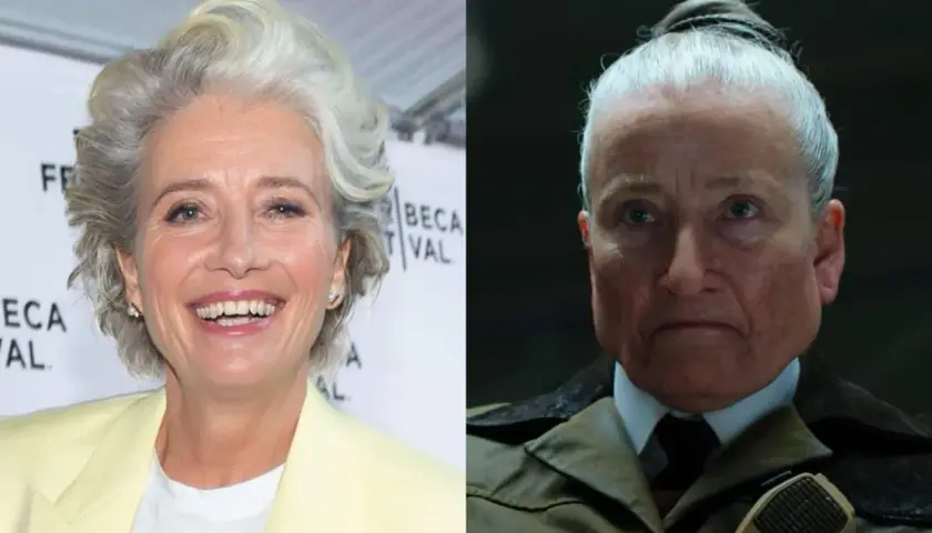 Emma Thompson sorride a sinistra, a destra è la sua interpretazione di Miss Trunchbull. Matilde sei mitica preside!