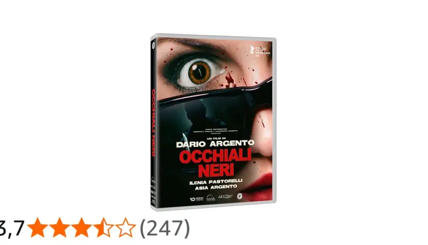 Copertina DVD "Occhiali Neri" di Dario Argento, con un occhio spaventato e riflessi di occhiali da sole. Le recensioni indicano un voto medio.