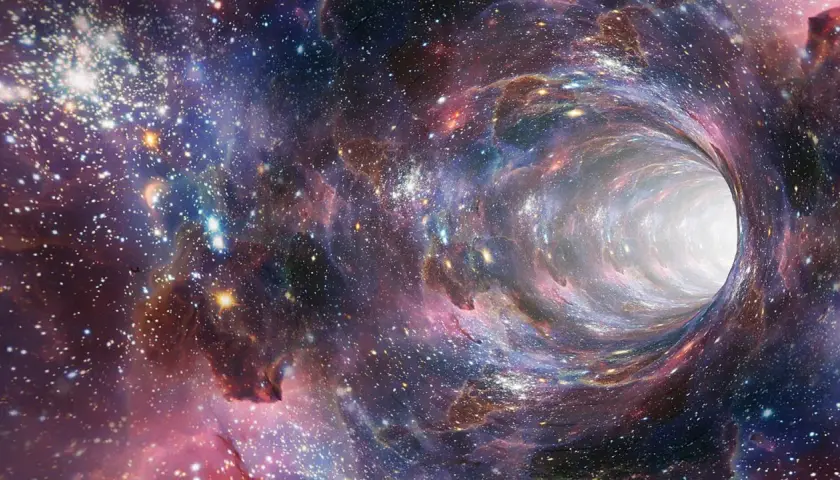 Un tunnel cosmico vorticoso, un'affascinante spiegazione scientifica dell'universo, con stelle scintillanti e nebulose colorate.