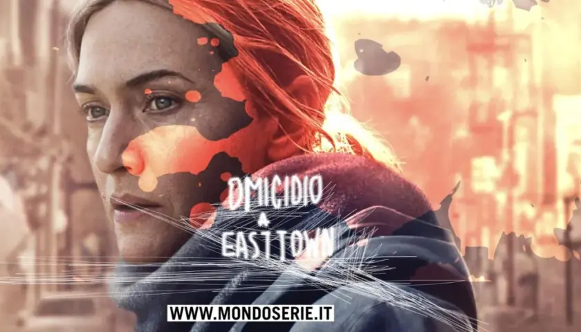 Il volto di Kate Winslet in primo piano, con macchie rosse che ricordano sangue e il titolo "Omicidio a Easttown". Le recensioni lodano la serie.