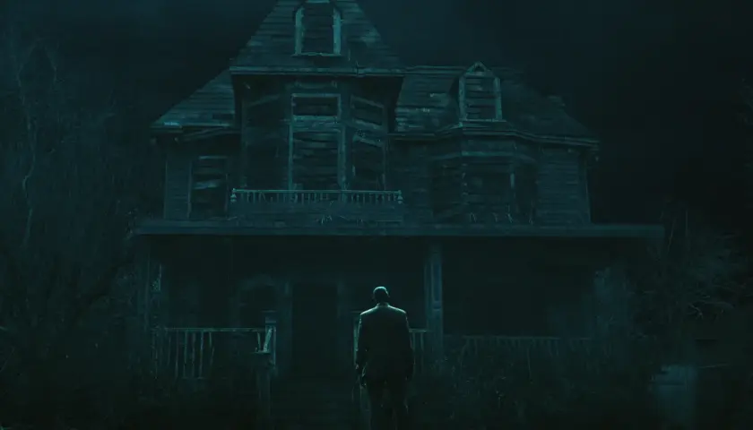 Un uomo osserva la sinistra Casa degli Usher, un'immagine che evoca le atmosfere de "La caduta della casa degli Usher recensioni".