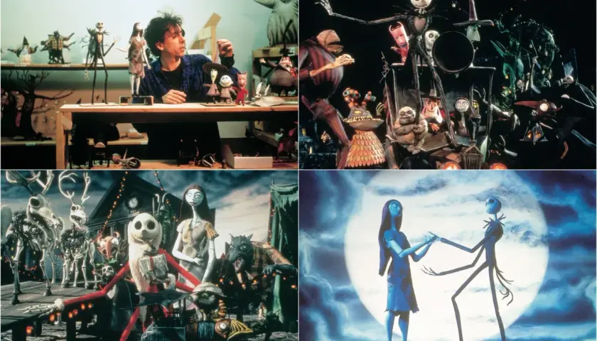 Collage di scene da "Nightmare Before Christmas": Tim Burton con pupazzi, Jack Skeletron e Sally, la parata natalizia e la danza sotto la luna. La trama del film è un'avventura gotica.