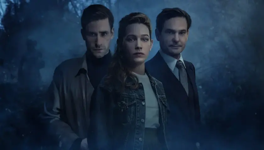 Il cast di The Haunting of Hill House: tre volti seri emergono da un'atmosfera nebbiosa e inquietante, pronti ad affrontare i segreti della casa.