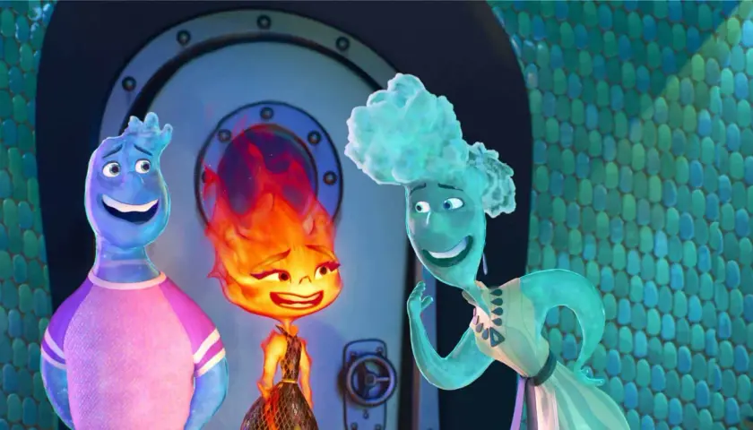 Tre personaggi animati: un uomo blu di elemental acqua, una donna di fuoco e un'altra donna di acqua.