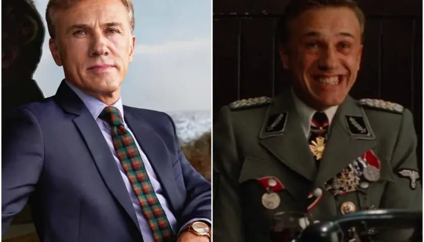 Christoph Waltz, prima in abito elegante, poi in uniforme da ufficiale nazista, un volto che ricorda la landa bastardi senza gloria.