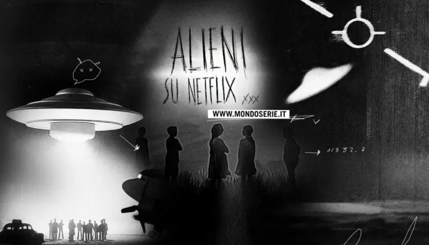Alieni su Netflix: un'astronave proietta un fascio di luce su un gruppo di persone. La serie "i morti non muoiono" esplora il mistero.