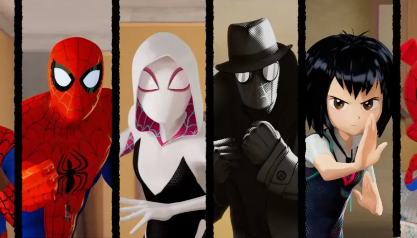 Miles Morales e altri Spider-Man nel film 1, pronti all'azione.