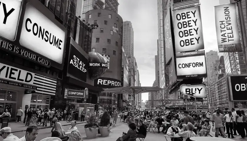 Times Square, un monito di messaggi che urlano "Consuma", "Obbedisci", "Conformati". Essi vivono significato: un'eco di controllo nella folla.