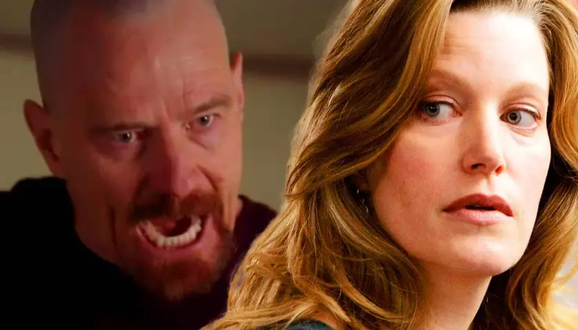 Skyler White spaventata da Walter White in una scena tesa di Breaking Bad.