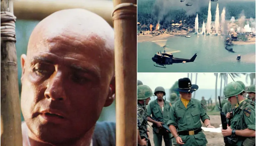 Il volto di Kurtz, elicotteri in azione e soldati in Vietnam. L'apocalypse now significato è la follia della guerra.