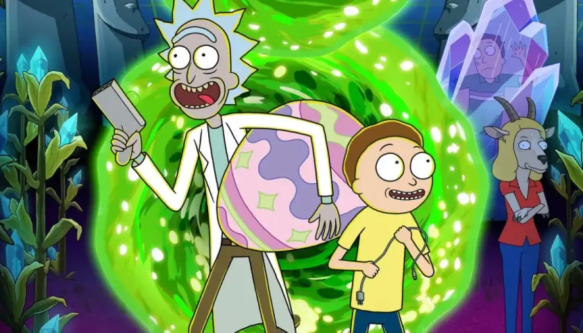 Rick e Morty, con un portale verde brillante, un uovo colorato e una capra. Le recensioni di Rick and Morty sono sempre folli!