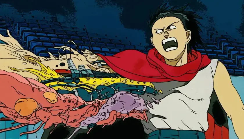 Akira, con un mantello rosso, urla mentre una massa organica mutante esplode dal suo petto.