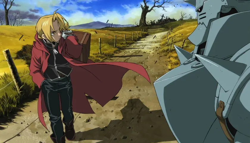 Edward e Alphonse Elric, protagonisti di Fullmetal Alchemist Brotherhood, affrontano un paesaggio desolato. La loro ricerca per recuperare i corpi perduti è al centro della trama.