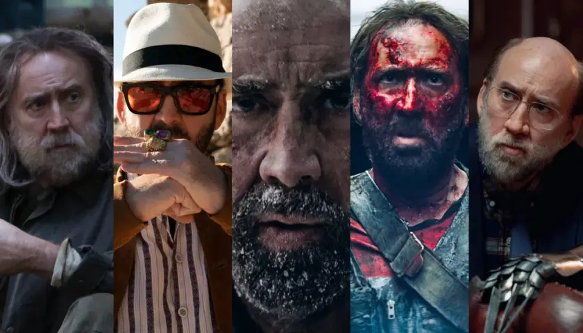 Cinque volti di Nicolas Cage oggi, in diverse espressioni e look: da quello trasandato a quello elegante, passando per scene di azione e drammatiche.
