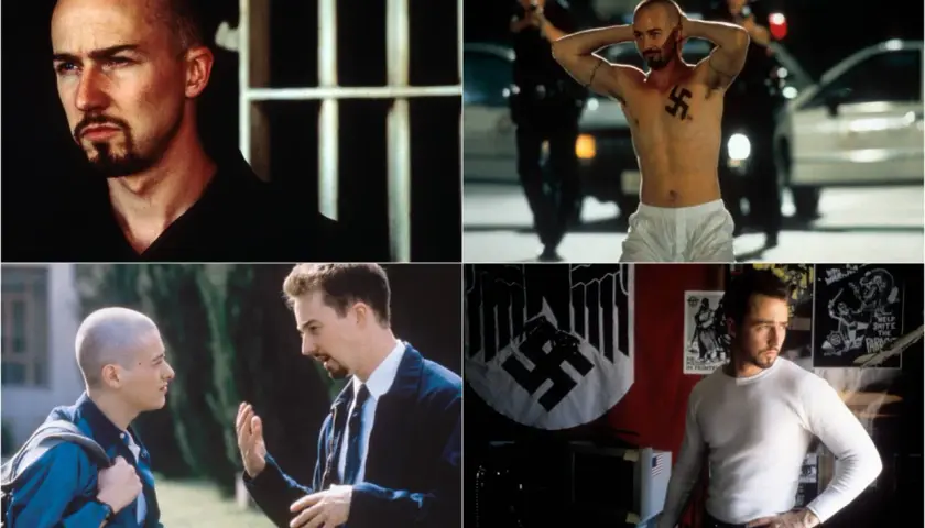 Collage di scene da American History X: Edward Norton nei panni di Derek Vinyard, un ex neonazista, mostra la sua trasformazione.