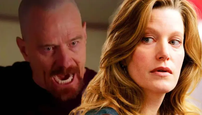 Anna Gunn, chi ha interpretato Skyler White, guarda con preoccupazione mentre Walter White mostra la sua rabbia.