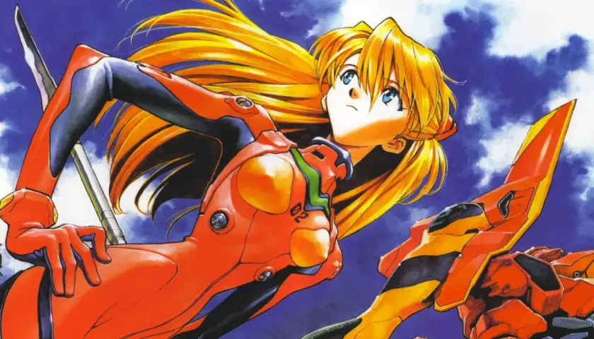 Asuka Langley Soryu in tuta Evangelion, con i suoi capelli biondi al vento, pronta a combattere.