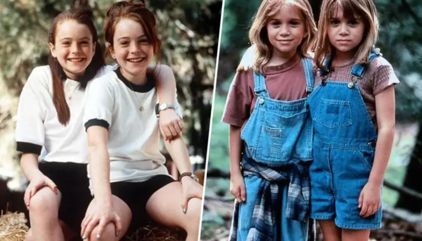 Due gemelle identiche, una bionda e una rossa, in un collage. Le gemelle bionde indossano salopette di jeans, le rosse magliette bianche.