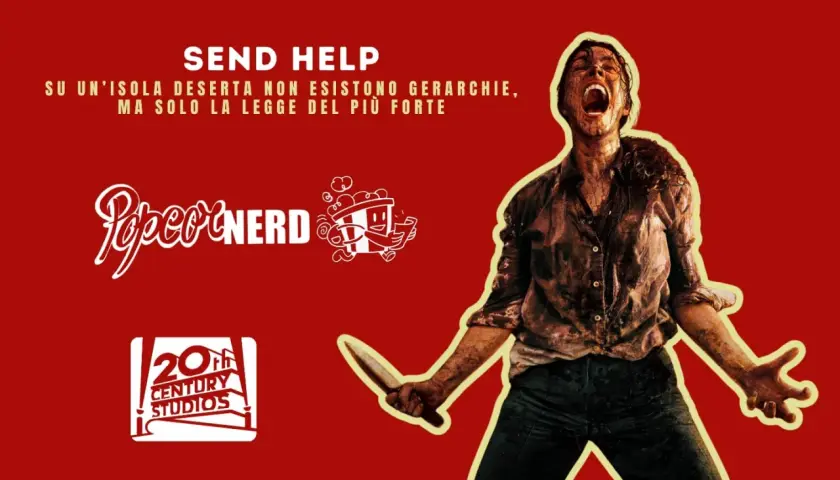 Un uomo urlante con un coltello, ispirato ai monologhi film famosi, su sfondo rosso con loghi Popcorn Nerd e 20th Century Studios.