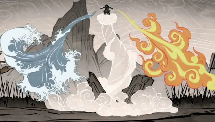 L'avatar, figura centrale, domina gli elementi: acqua, aria e fuoco. Un'immagine potente del suo avatar significato filosofico.
