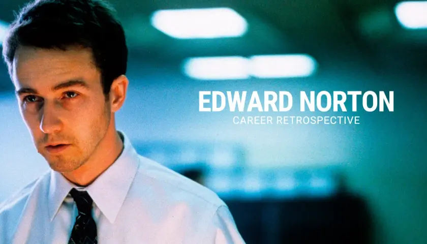 Edward Norton giovane in camicia bianca e cravatta, con testo "Edward Norton Career Retrospective".