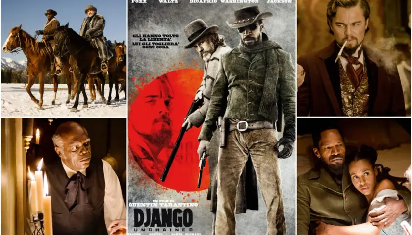Il cast di Django Unchained: Jamie Foxx, Christoph Waltz, Leonardo DiCaprio, Kerry Washington e Samuel L. Jackson in scene iconiche.