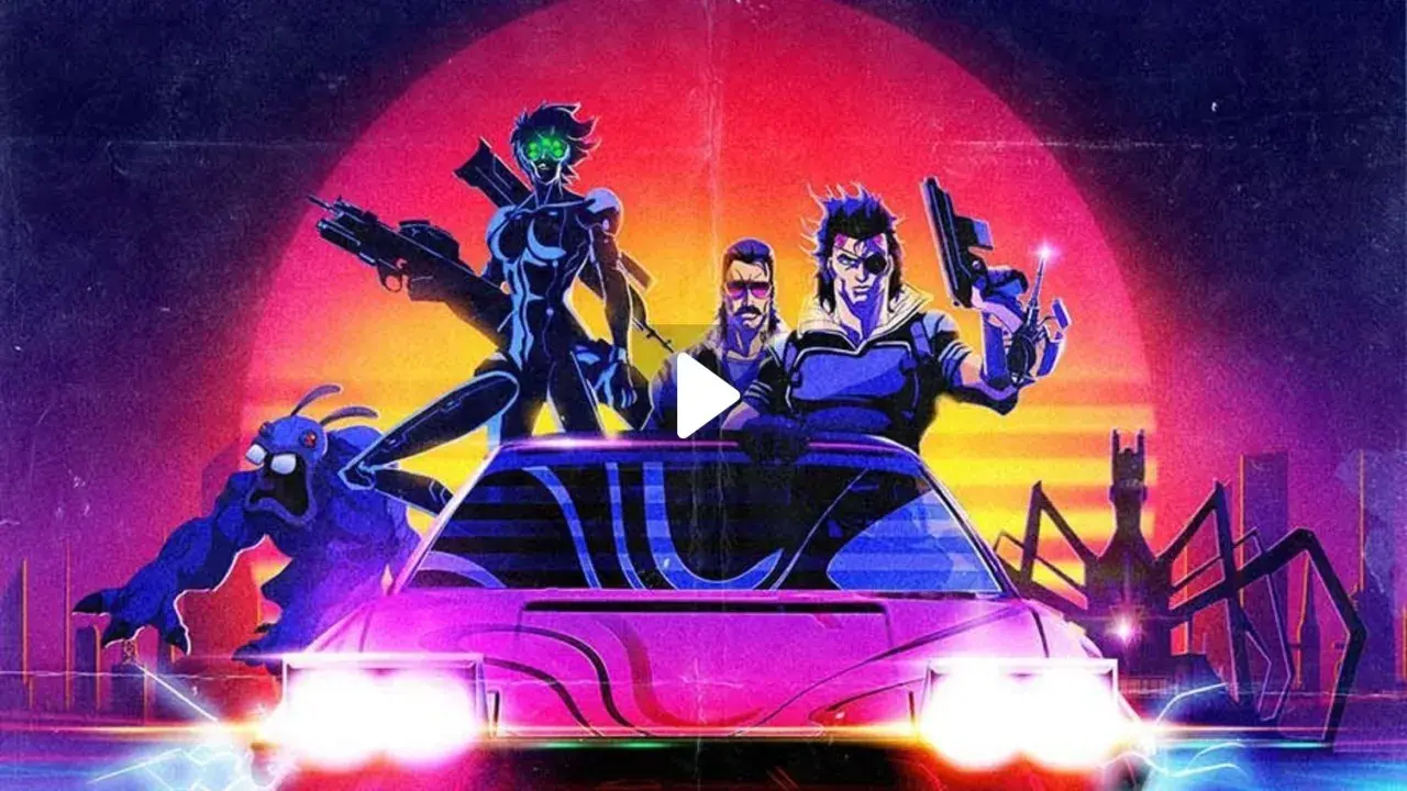 Captain Laserhawk e la sua squadra, un mostro blu e una donna cibernetica, pronti all'azione su un'auto rosa neon, con uno sfondo al tramonto e una città futuristica.