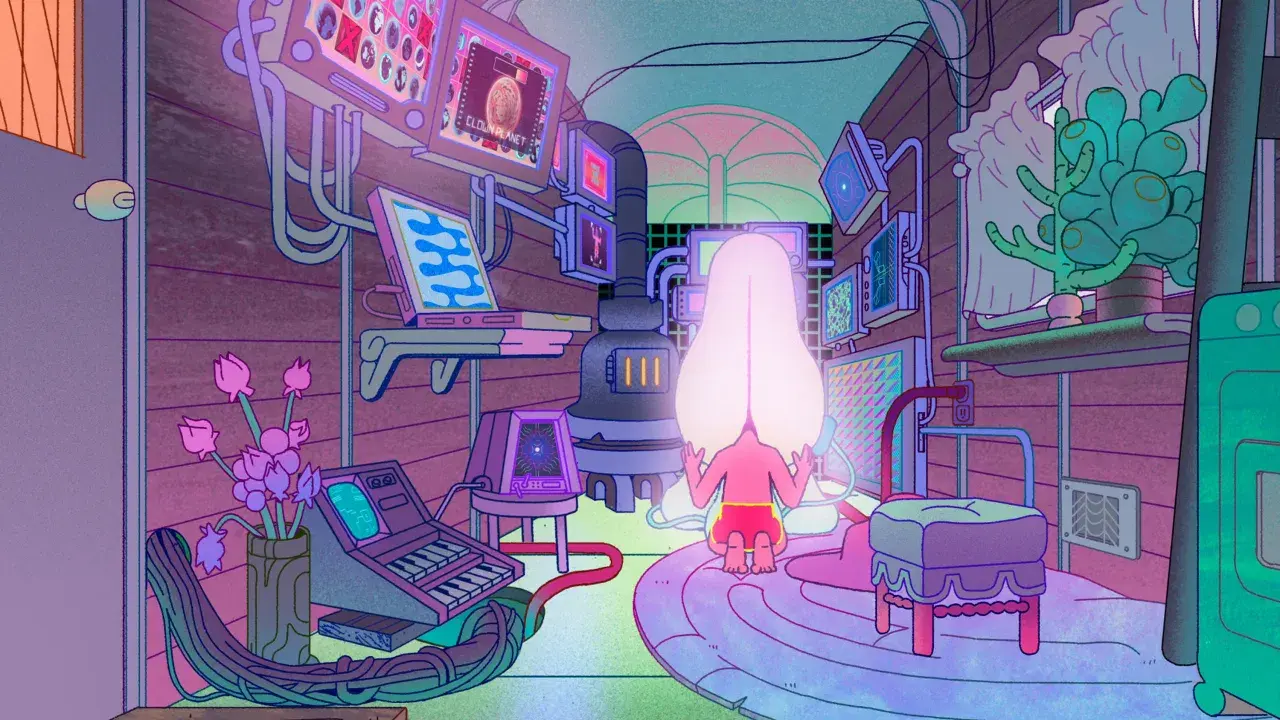 Un personaggio con una testa luminosa medita in una stanza piena di schermi e tecnologia, evocando l'atmosfera di Midnight Gospel.