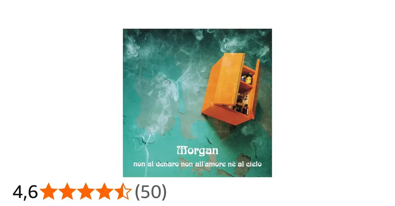 Copertina album Morgan: "non al denaro non all'amore nè al cielo". Un mobile arancione aperto, pieno di boccette, su sfondo verde fumoso.